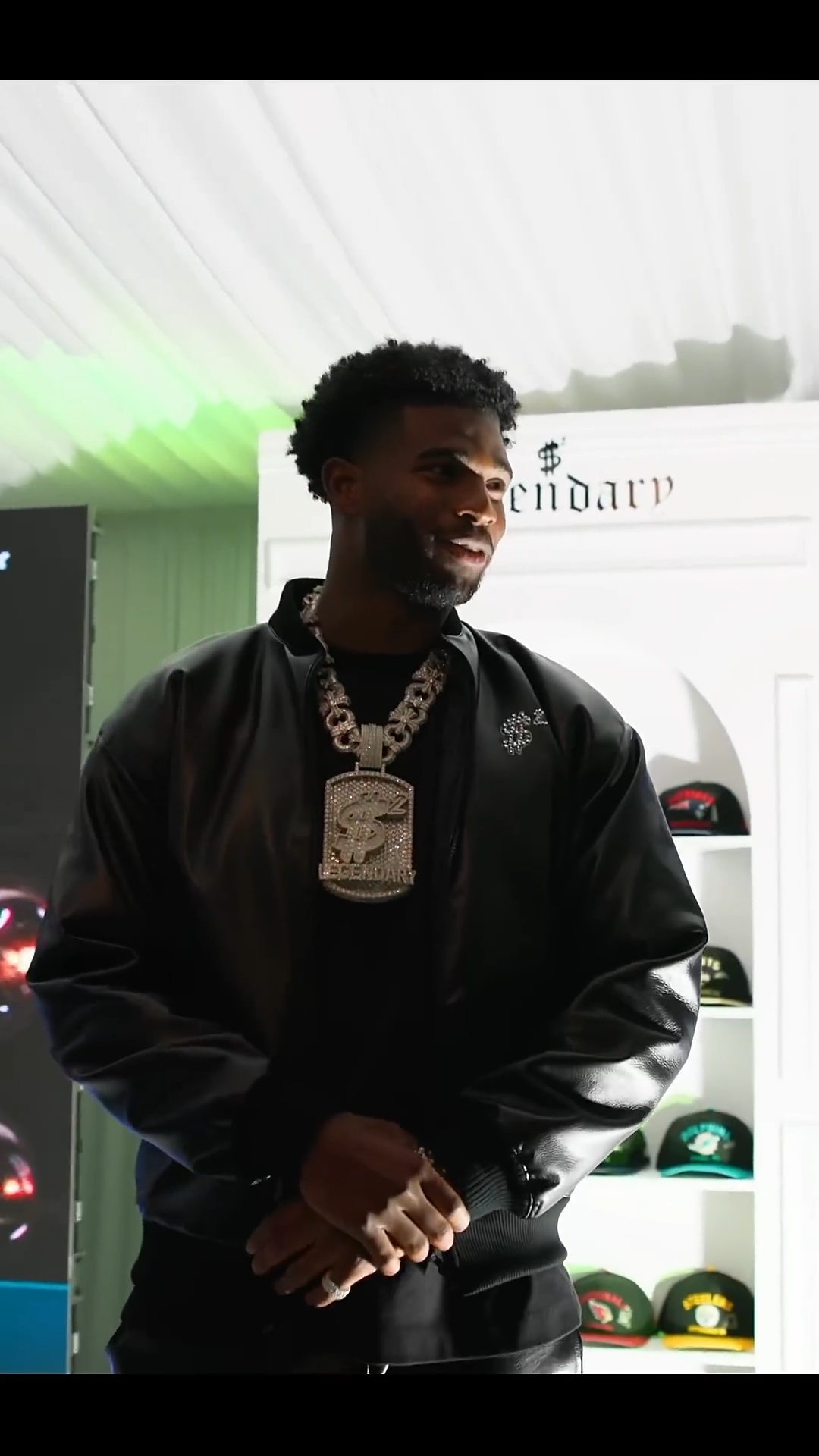 Gridiron football player Shadeur Sanders speaking after surprisingly not being taken in the first round of the NFL draft